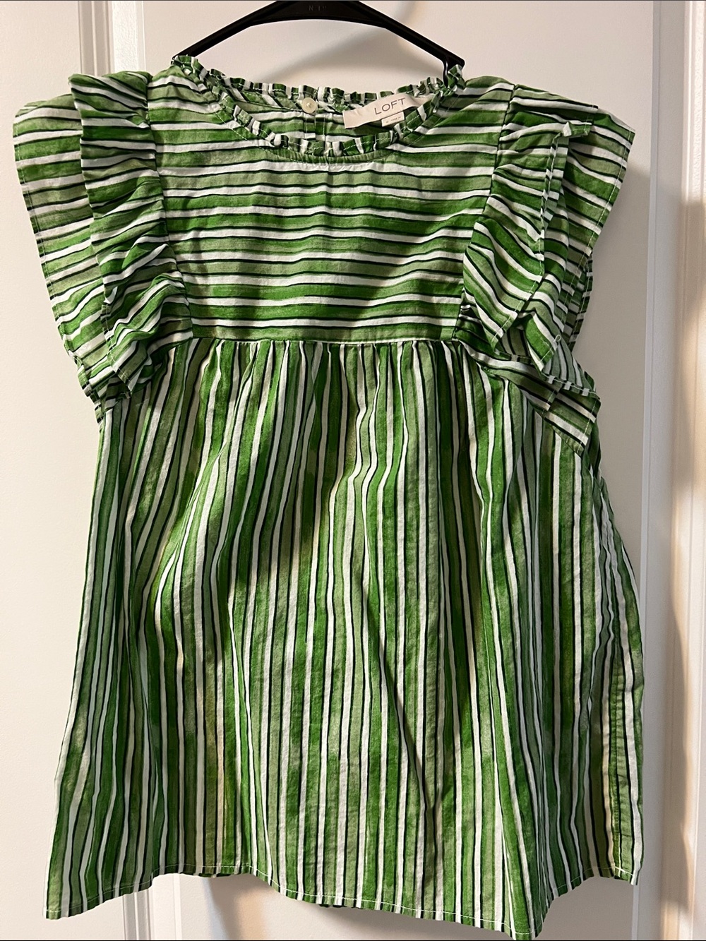LOFT Green and White Striped Ruffle Sleeve Blouse